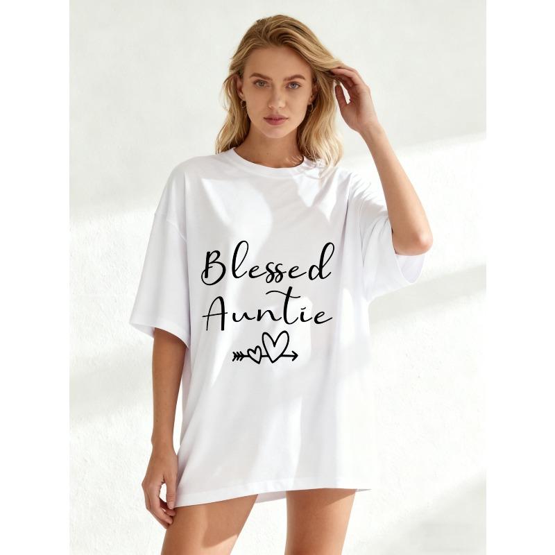 Black Oversized T-Shirt Blessed Auntie Heart Arrow Print Casual Wear For Women Family Gift Summer Outfit