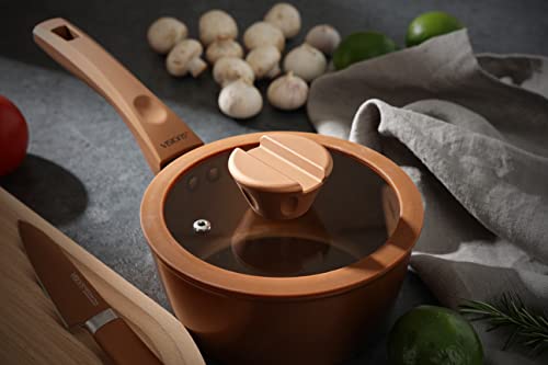 PEARL METAL VISIONS 18cm Saucepan with Glass Lid, Induction Compatible, Gold Coating, CP-8808