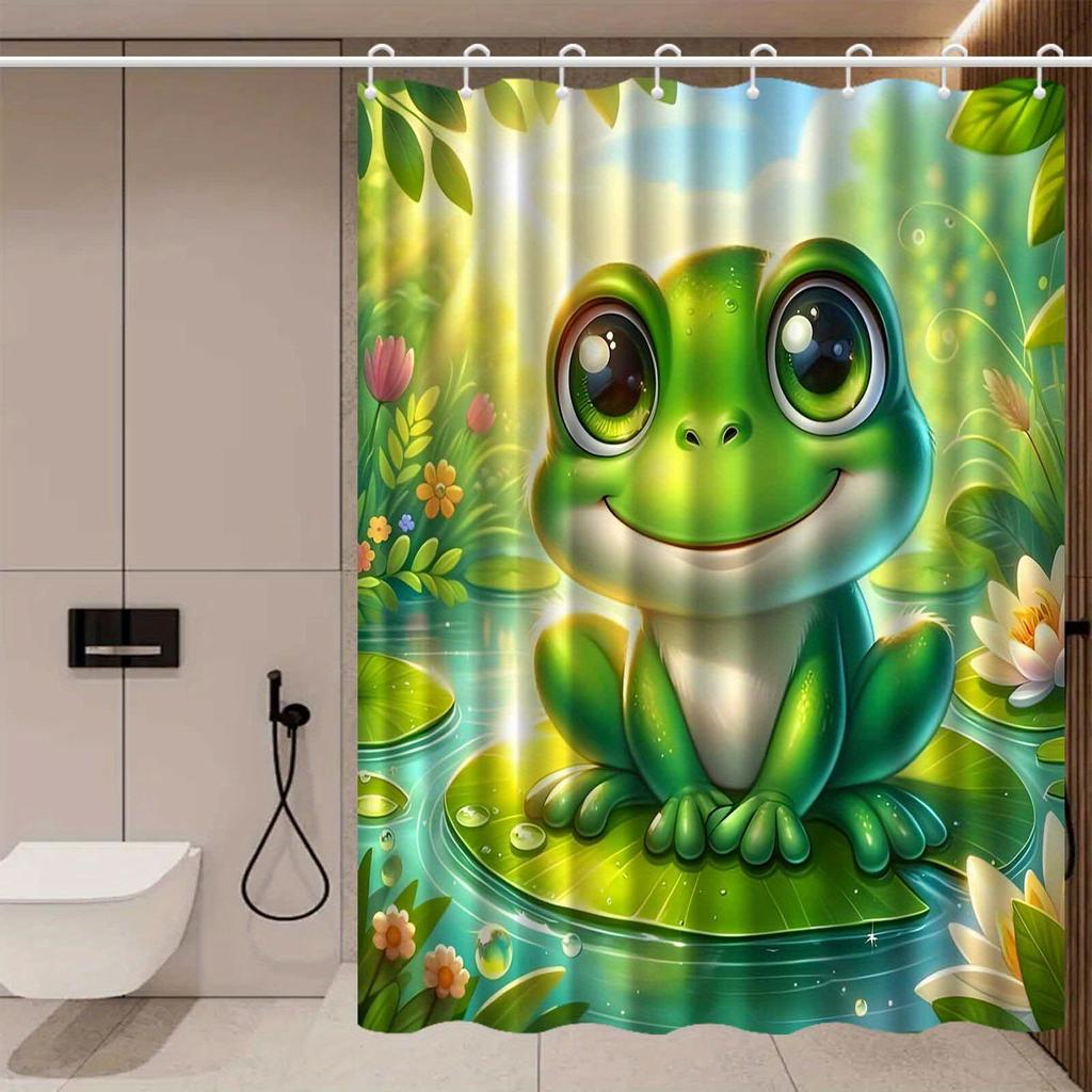 Cute Frog Shower Curtain Lily Pad Pond Art Green Nature Decor Kids Bathroom Waterproof Fabric Bath Curtain Set Home