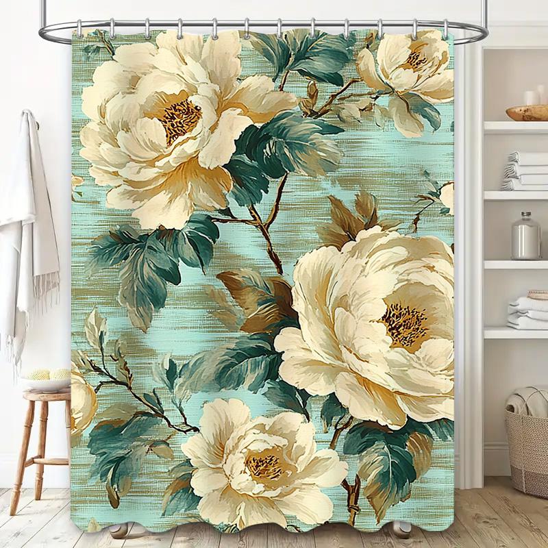 Vintage Style Shower Curtain With Floral Print Cream White Peony Design Decorative Bathtub Liner For Bathroom Home Accessories A
