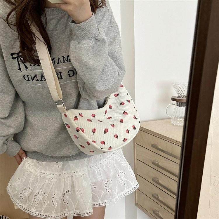 Chic 2024 New Women's Strawberry Print Sling Bag In White Black Pink Brown Colors
