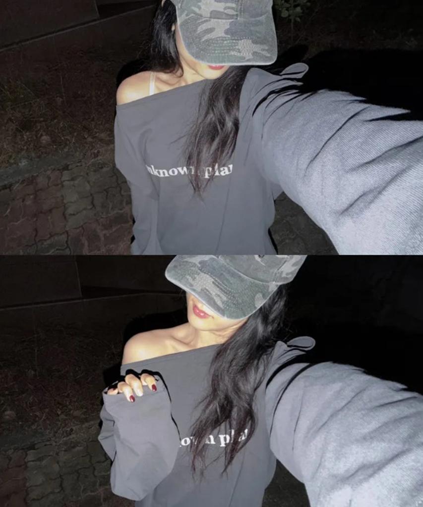 UNKNOWN PLANET Off-Shoulder Logo Long-Sleeve T-Shirt Charcoal