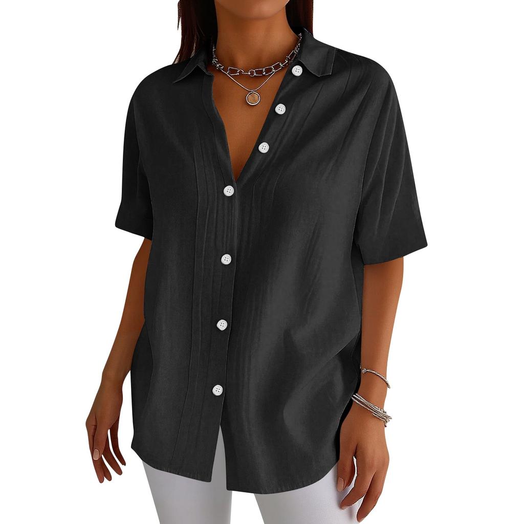 Chemise à manches courtes boutonnée et col pour femme -couleur