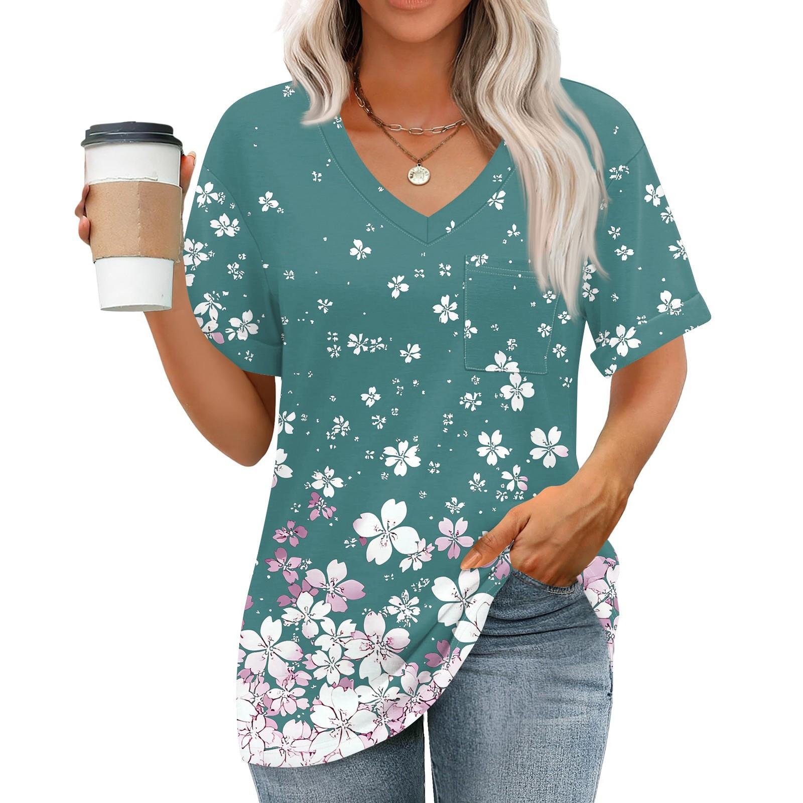 

Женские топы с V-образным вырезом и коротким рукавом Блузки Повседневные модные принты Туники Топы с карманами S циан