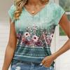 Summer V-neck 3D Vintage Floral Printed Top Fashionable Casual Short Sleeved Women's T-shirts