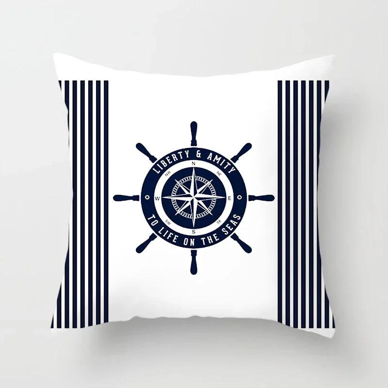 Home Decor Compass Anchor Pillow Cover Blue Mediterranean Cushion Gift Sofa Office Accessory Ornament 45x45cm