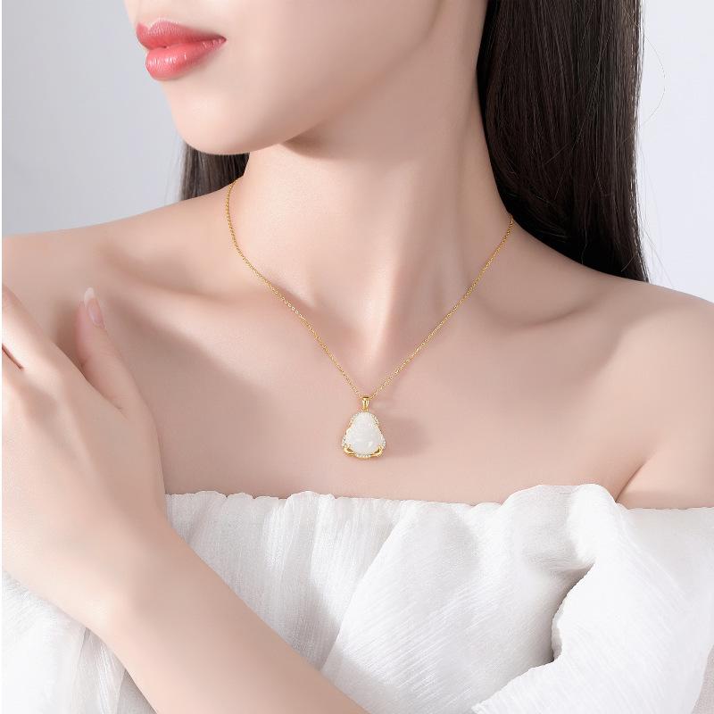 S925 Sterling Silver Hetian Jade Maitreya Buddha Necklace - Women's Trendy Ancient Style Clavicle Chain Pendant