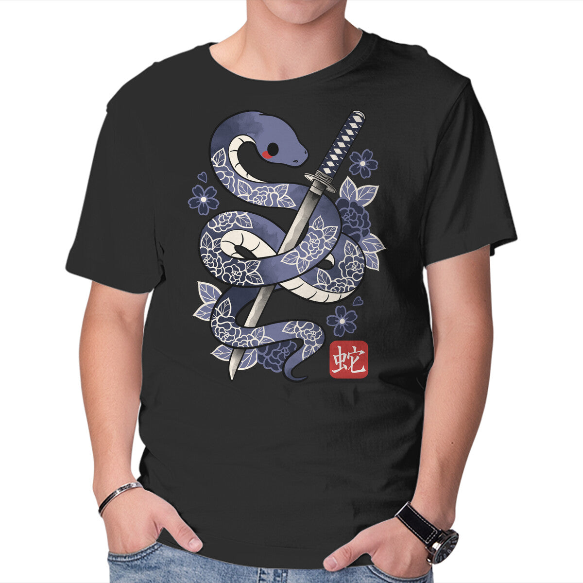 Unisex Crew Neck T-Shirt Japanese Snake Graphic Short Sleeve Casual Tee M