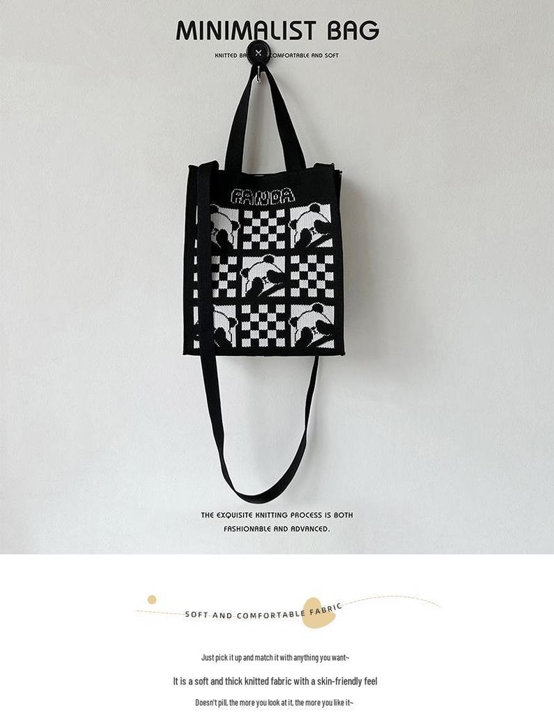 Black & White Checkered Panda Knitted Tote Handbag - Versatile, Large Capacity, Portable Shoulder Bag for Women.