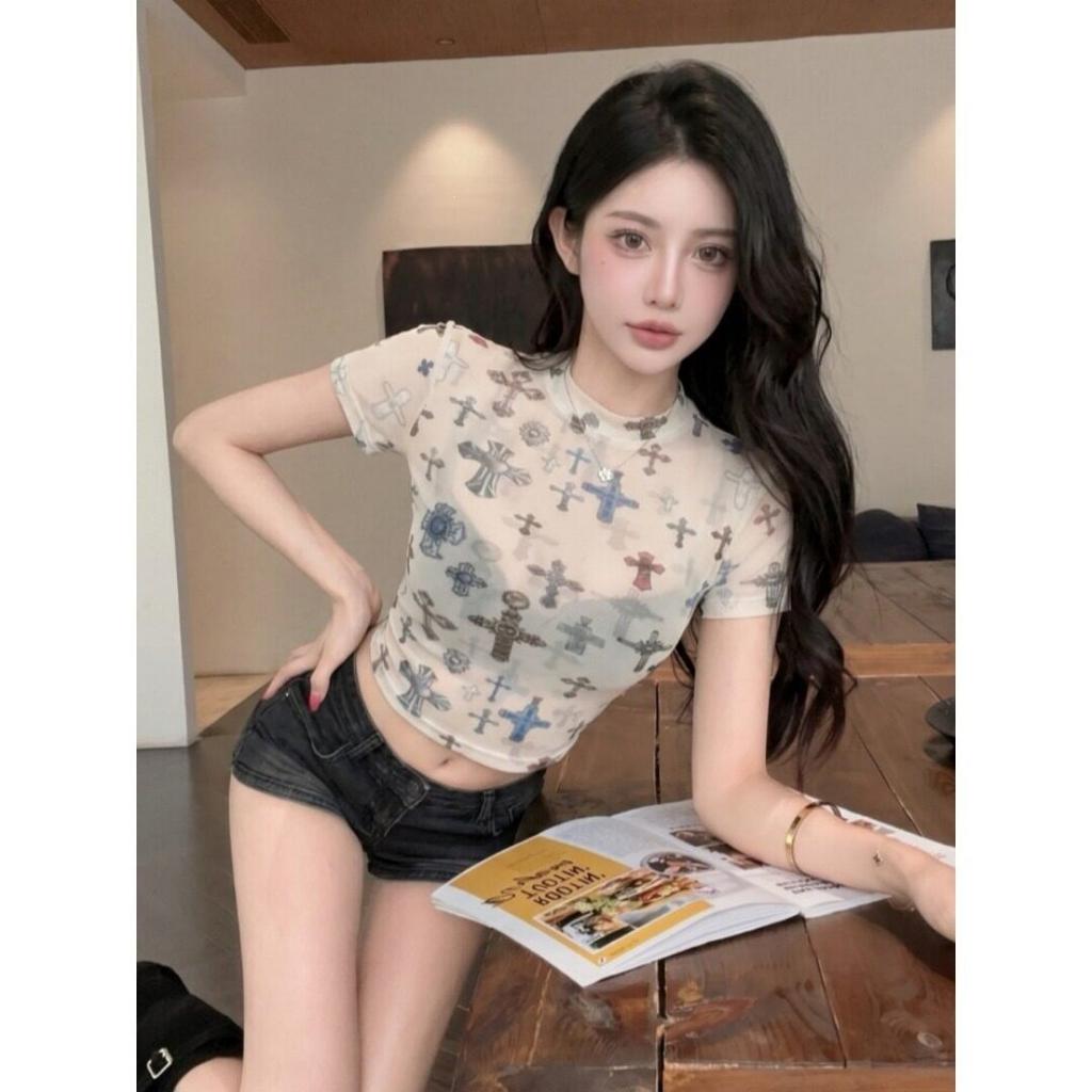 Small shirt thin girl Spice girl T-shirt summer print short sleeve foreign style slim short top fashion mesh cross