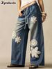 Jeans larghi casual bohémien da donna per l'autunno, Resort, floreali, vestibilità ampia, pantaloni lunghi
