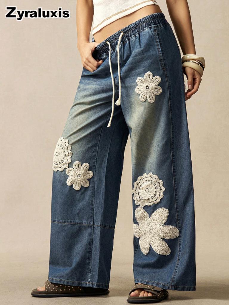 Jeans larghi casual bohémien da donna per l'autunno, Resort, floreali, vestibilità ampia, pantaloni lunghi
