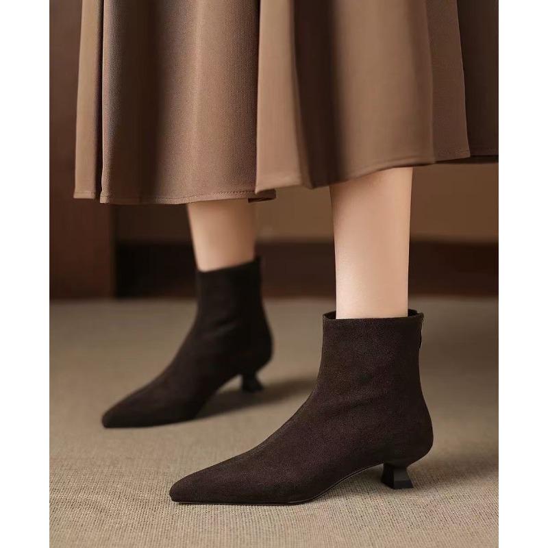 Booties Fall 2026 New Skinny Boots Pointed Toe Stiletto Heel French Pointed Toe Scrub Leather Boots for Women