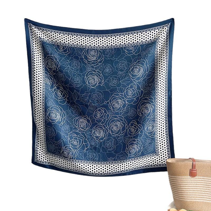 1116 New Camellia Print Silk Scarf, Summer Thin High-End Korean Fashion Chest Wrap Square Scarf and Headscarf Decoration