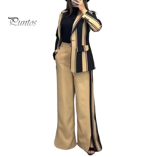 

2 шт./комплект женский деловой пиджак брюки комплект с длинными рукавами цветной полосатый кардиган с лацканами средней длины пиджак расклешенные брюки с высокой талией формальные M