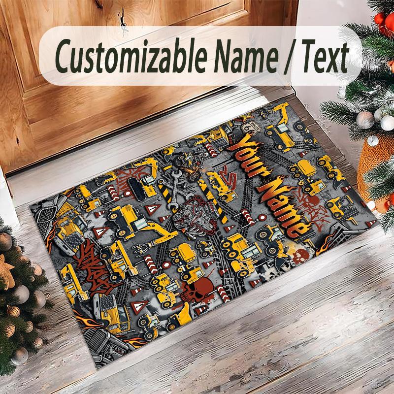 Construction Vehicles Theme Crystal Velvet Rug Personalized Custom Name Text Soft Floor Mat Home Decor