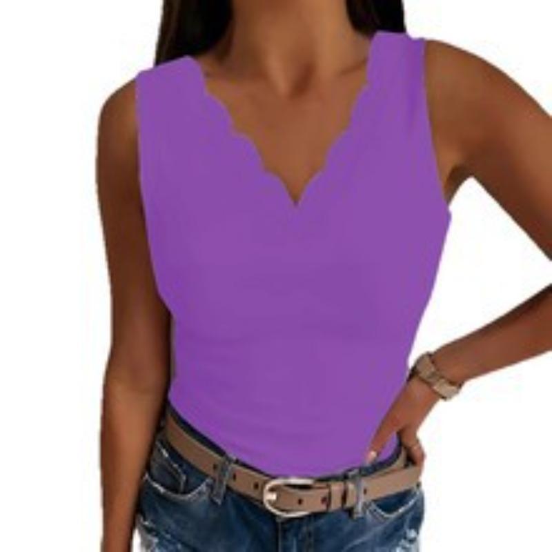women's Scalloped Edge V Neck Solid Color Sleeveless Slim Fit Tank Top Casual Camisole