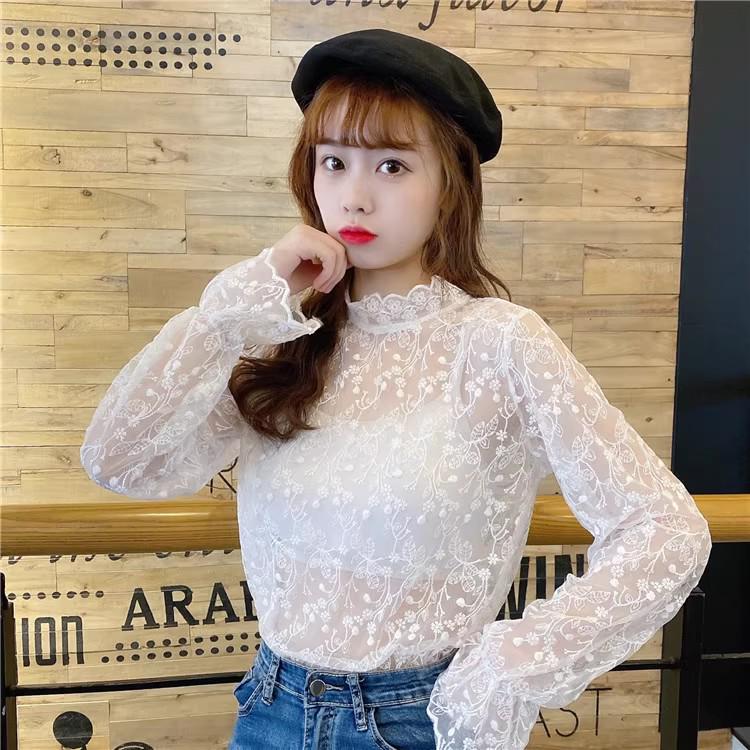 A/W 2026 Women's Stylish Mesh Lace Shirt with Bell Sleeves and Half-High Collar