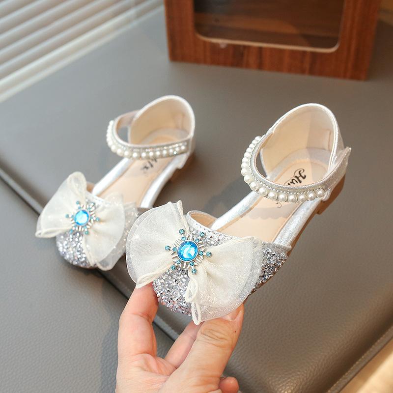 Girls Sandals Lace Mesh Bow Shiny Crystal Kids Princess Shoes for Summer 2025 Brand New Children Fashion Shoes Ins Sweet Trendy
