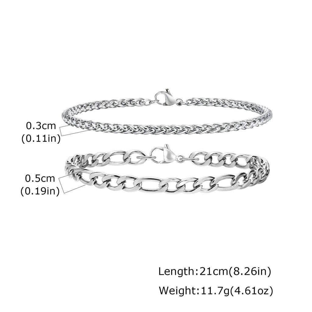 2pcs Stainless Steel Bracelet for Men,Silver Color Wheat Chain Figaro Chain Link Bracelets,Hip Hop Trend Jewelry Gift