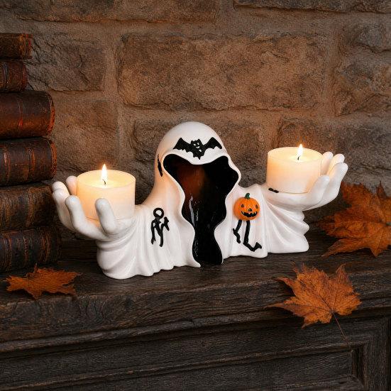 jijijing Halloween White Robe Ghost Figurine, Spooky Wizard Decorative Statue, Gothic Sculpture Candle Holder, for Home Bedroom