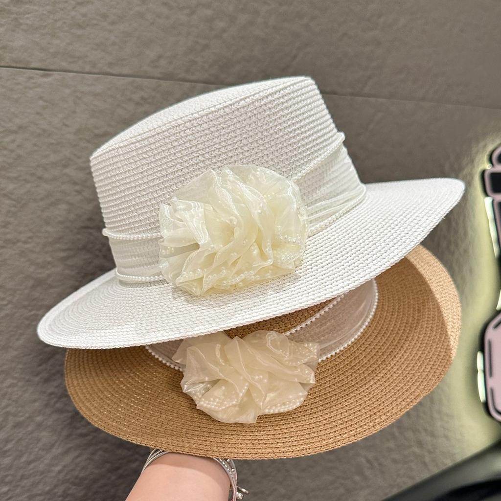 Summer Straw Hat French Flat Top Beach Sun Cap, New Fashion Wide Brim Sanya Holiday Hat, Elegant Fedora