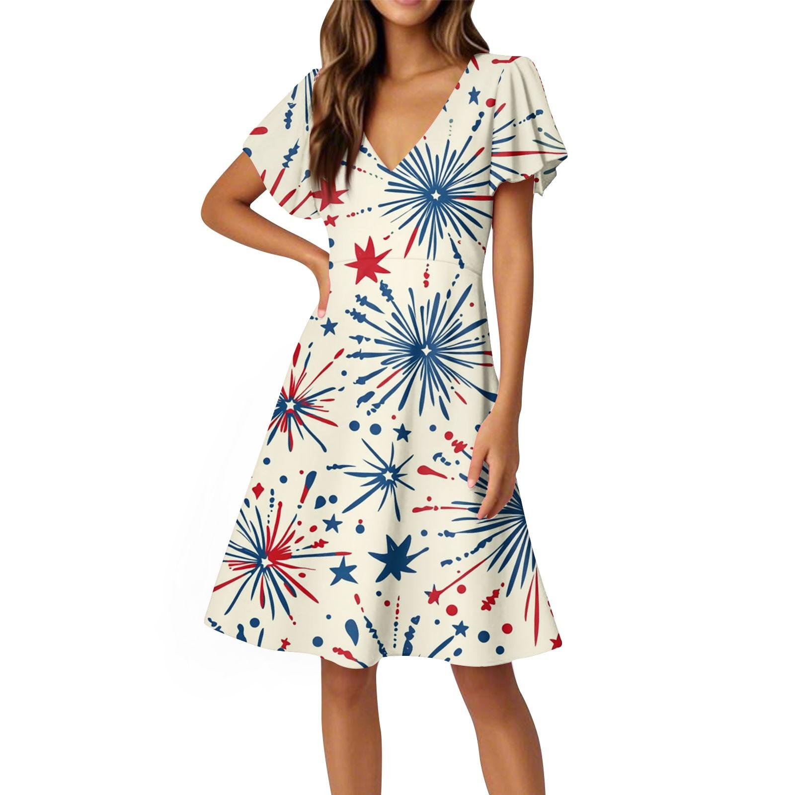 

Платья ко Дню Независимости Платья с коротким рукавом и рукавом-фонариком Повседневные платья с V-образным вырезом XL жёлтый