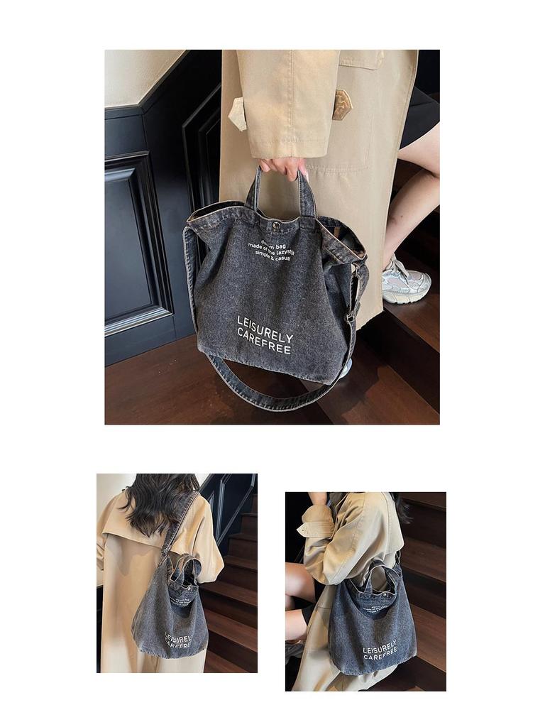 Korean Style Washed Denim Crossbody Tote – Large Capacity with Retro Letter Print (2025 Edition)