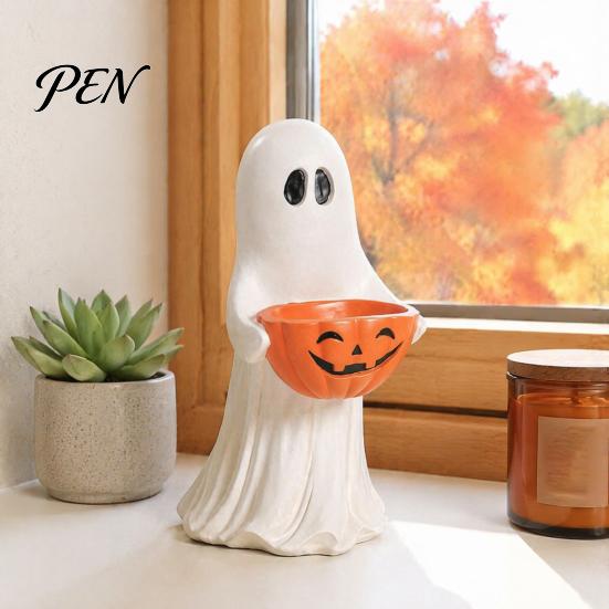 Trick or Treat Dessert Holder Resin Ghost Statue with Pumpkin Candy Bowl, Cute Figurine, Multi Functional Storage Figure for Front Porch Yard