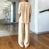 Zweiteiler für Damen - einfarbig - Baumwolle und Leinen - Langarm - V-Ausschnitt - Oberteil - Gerade geschnittene - Lässige - Hose - Set