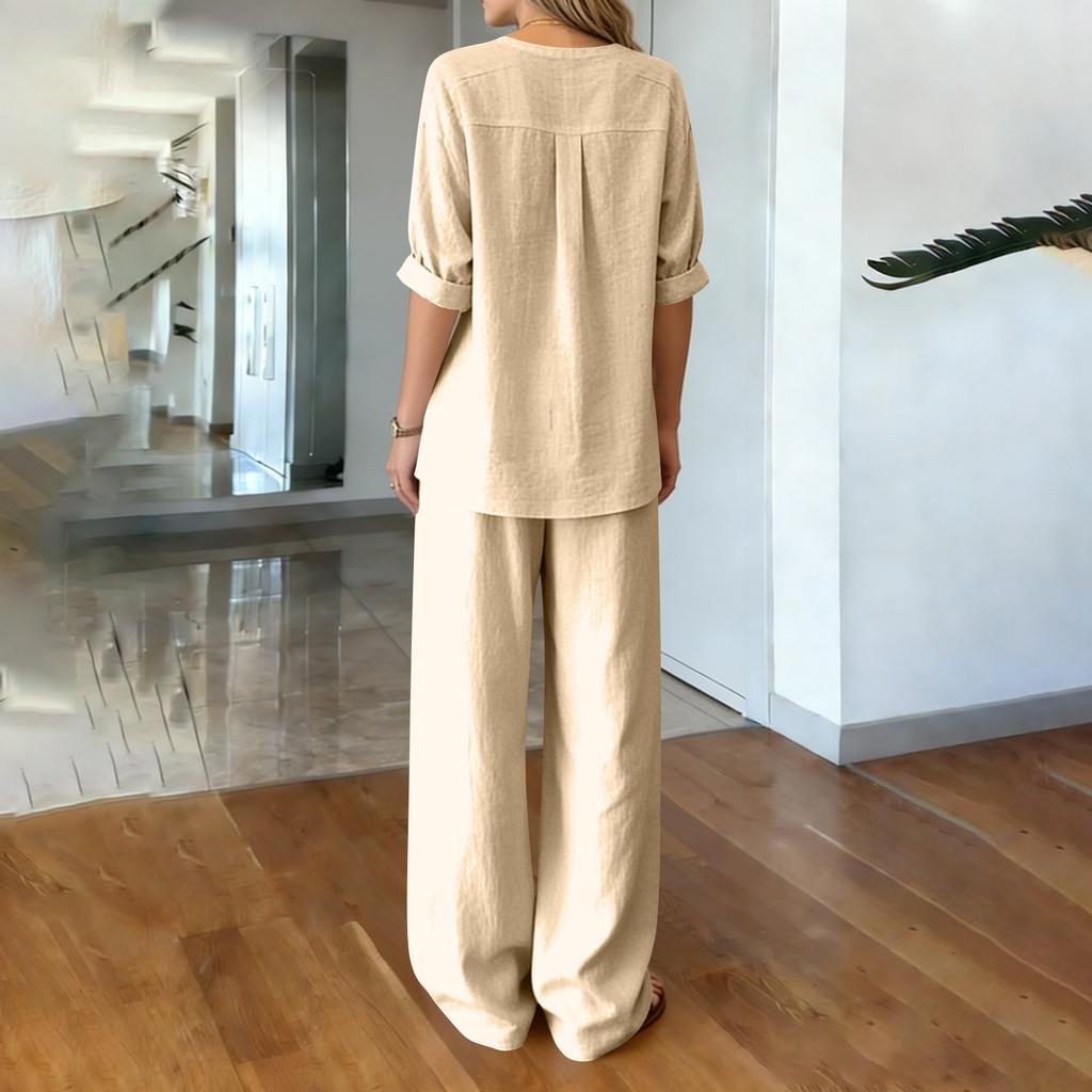 Zweiteiler für Damen - einfarbig - Baumwolle und Leinen - Langarm - V-Ausschnitt - Oberteil - Gerade geschnittene - Lässige - Hose - Set