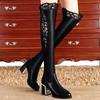 Women Embroidered Lace Knee Bare Boots Square High Heel Casual Long Tube Booties Lady Sexy Over Knee Thigh High Shoes Autumn