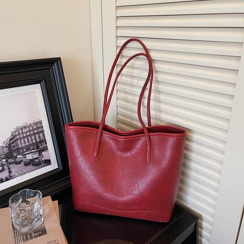 Faux Leather Tote Bag for Women Fashion Minimalist Shoulder Handbag with Wide Handles and Logo Detail