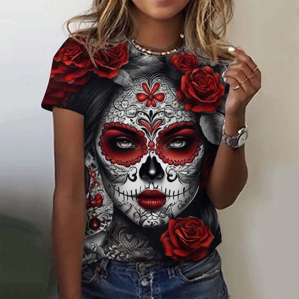 

Fashion Women s T-shirt for Girls Summer Short Sleeve Sexy Girls Clothes Day of the Dead Undead Skull Pattern oversized T-shirts S