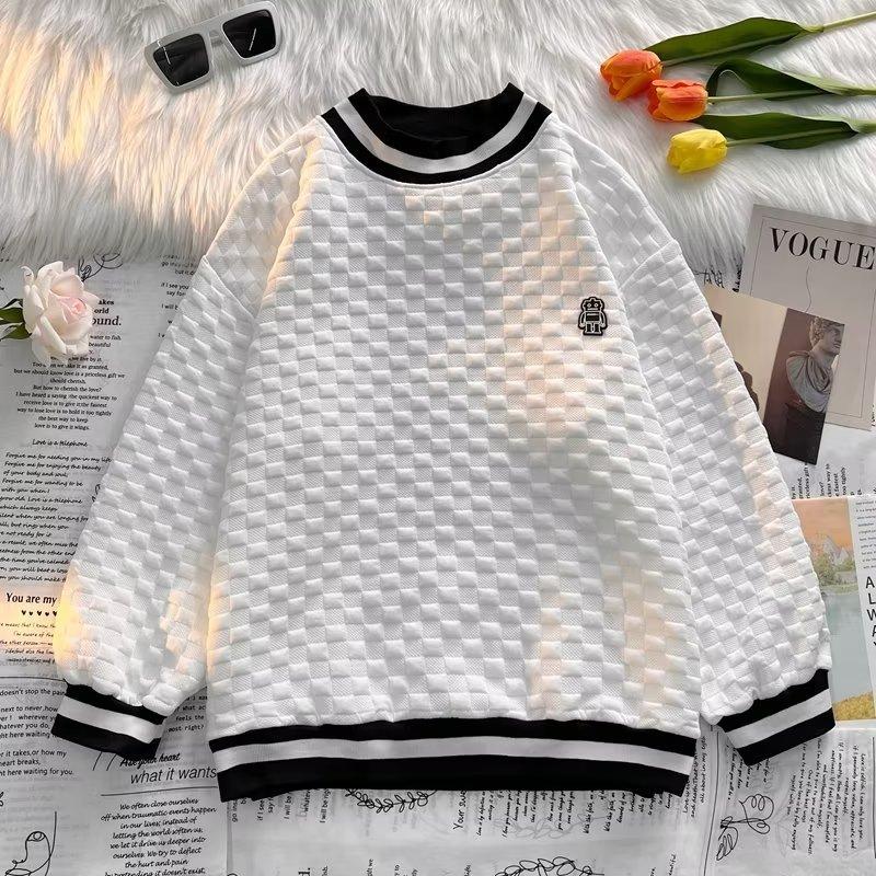 

Молодежный стиль ретро простой цветной блок вафельный круглый вырез толстовка мужская модная свободная пара повседневный универсальный топ 3XL