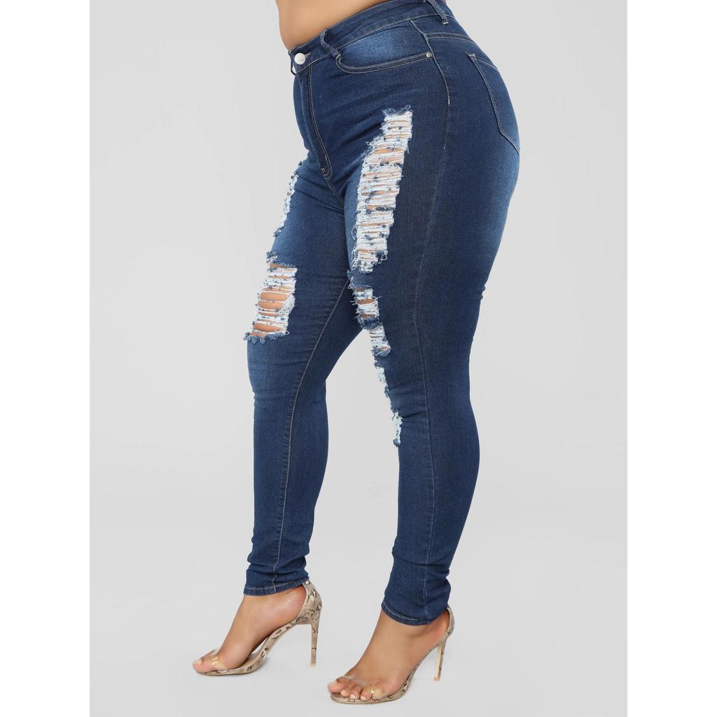 Mid Waist Women's Skinny Distressed Jeans Casual Ripped Destroyed Pocket Breathable Stretch Denim Hole 2XL Ladies' Pencil Pants