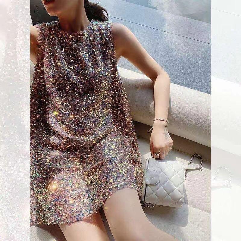 

Sequined Dress for Women New Summer Style Heavy-duty Glittery Loose Large-size Slim Thin Vest Dress XXXL
