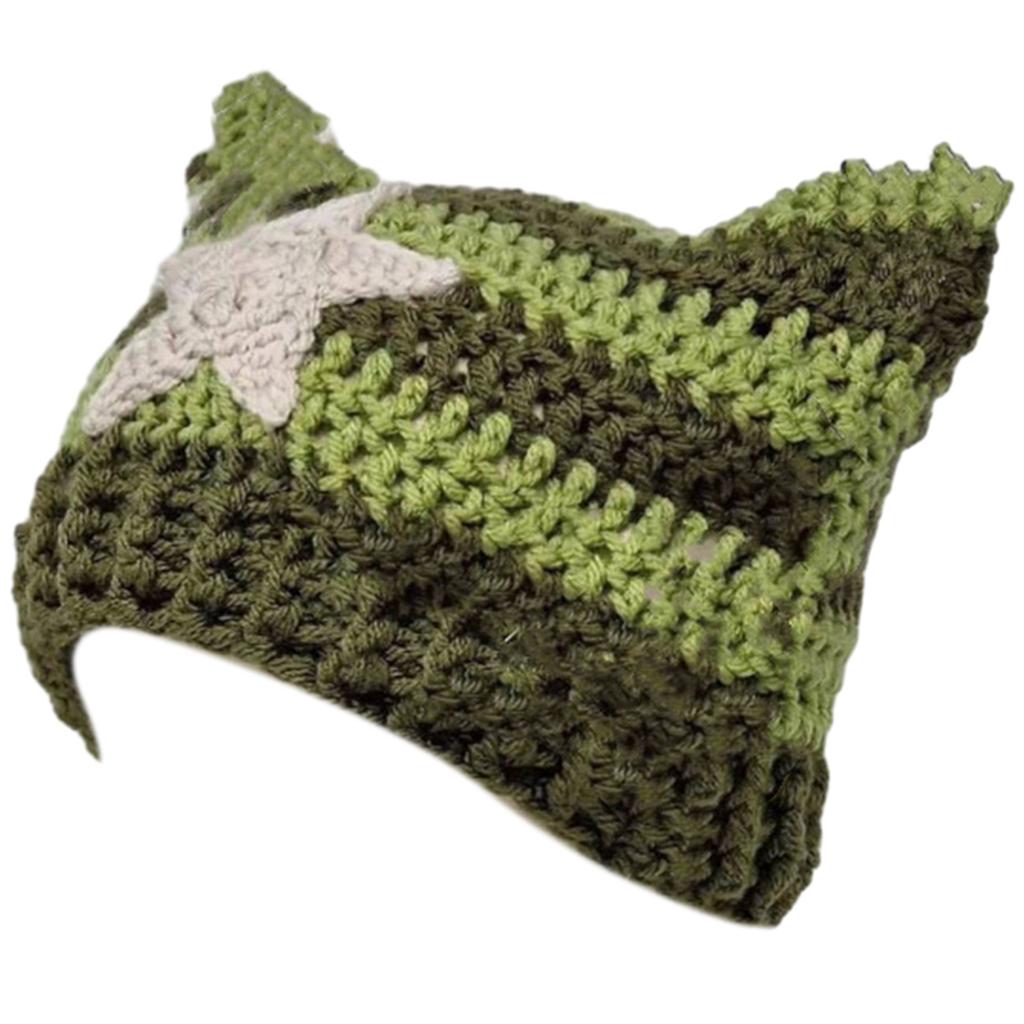 Cat Ear Beanie Hat for Women Harajuku Style Star Patched Earflap Hat Handmade Crochet Hat Y2K Sweet Winter Warm Headwear