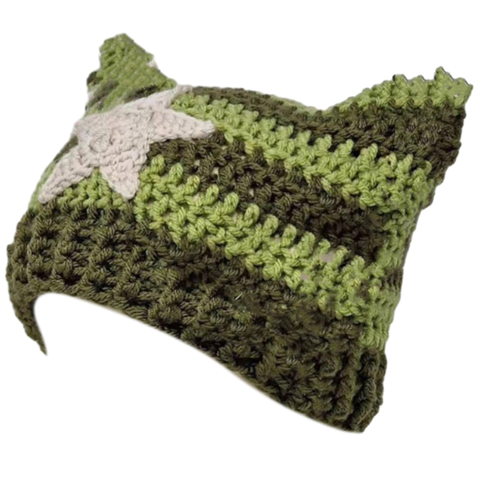 

Шапка-бини с кошачьими ушками для женщин, стиль харадзюку, шапка с ушками, нашивка со звездой, ручная работа, вязаная крючком шапка, Y2K, милый зимний теплый головной убор B