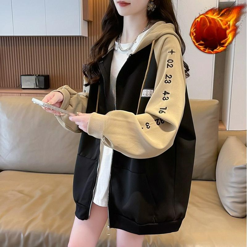 

Тонкий свитер женский весенне-осенний с капюшоном, модный, контрастные буквы, американский, плюс бархат, толстый кардиган на молнии, женская куртка S чёрный