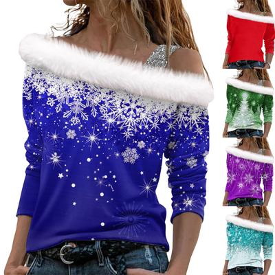 Women's Long Sleeve Tops Fashionable Women's Loose Christmas Print Off-Shoulder Pullover Tops