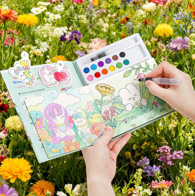 Coloring Book Water Drawing Brush Paint Kit Kid's Watercolor Gouache Graffiti Sticky Notes Coloring DIY Paints Painting Set