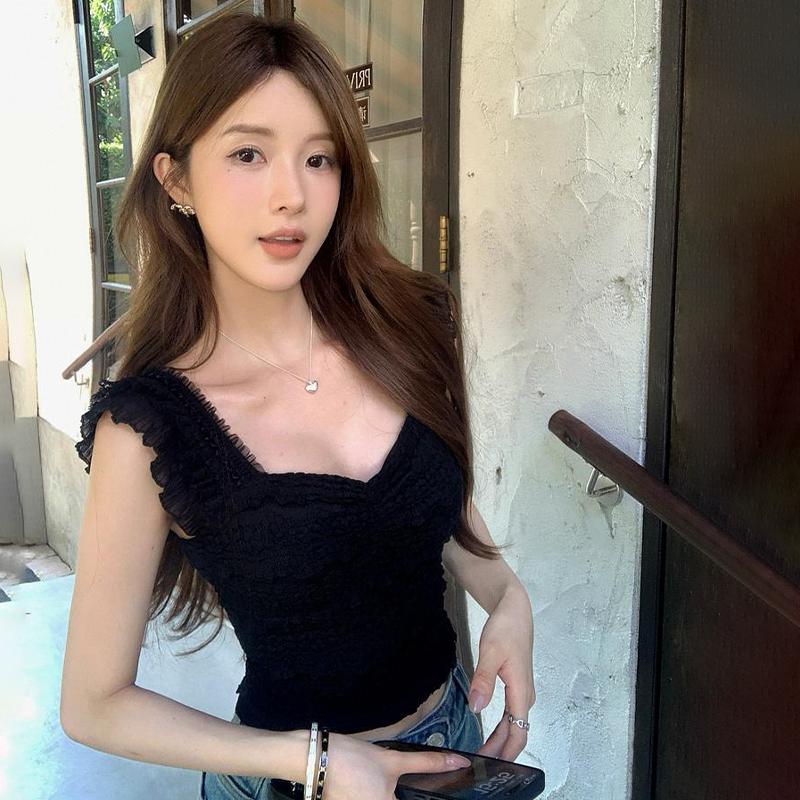 

Женские летние милые эластичные кружевные без рукавов повседневные универсальные праздничные короткие топы чёрный