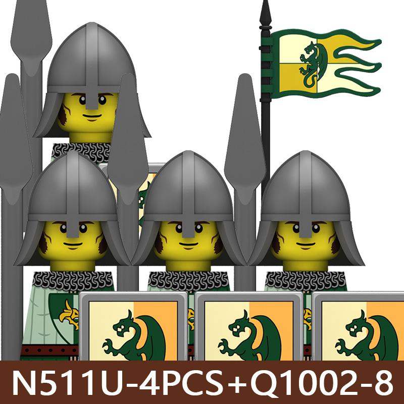 Mittelalterliche Burg Soldat Bausteine Militärischer Ritter Flagge Stier Kraken Löwe Grüner Drache König Wache Speer Zubehör Steine Spielzeug yellow