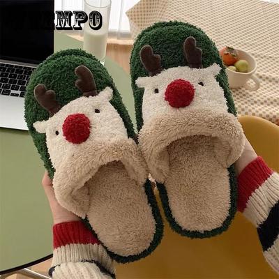 Cute Christmas Elk Cotton Slippers for Women In Winter Fashion Home Anti Slip Couple Cotton Shoes
