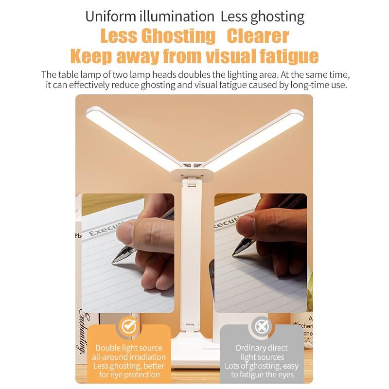 USB Rechargeable Table Lamp Adjustable Brightness Eye Protection Desk Light Touch Dimming Table Light LED Double-Head Desk Lamp With Holder