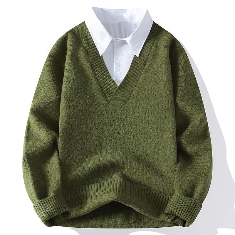 Weft Herfst en Winter Nieuw Shirtkraag Casual Nep Tweedelig Trui Heren Losse Heren- en Damesgebreide Basishemd XXXXL legergroene kleur