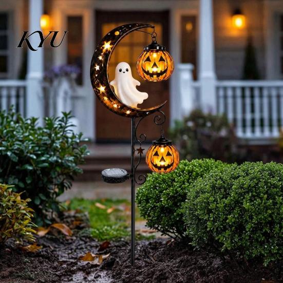 Decorative Stakes for Flower Beds Solar Halloween White Ghost Pumpkin Moon Garden Stake Light, Waterproof LED Glowing Landscape Lights Yard
