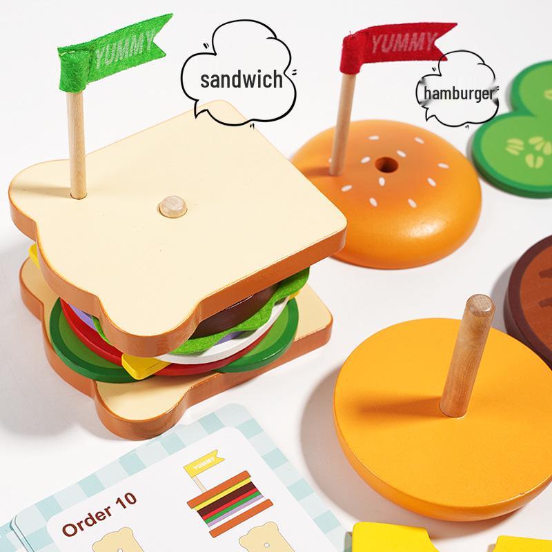 Children's Wooden Hamburger & Sandwich Assembly Toy Set