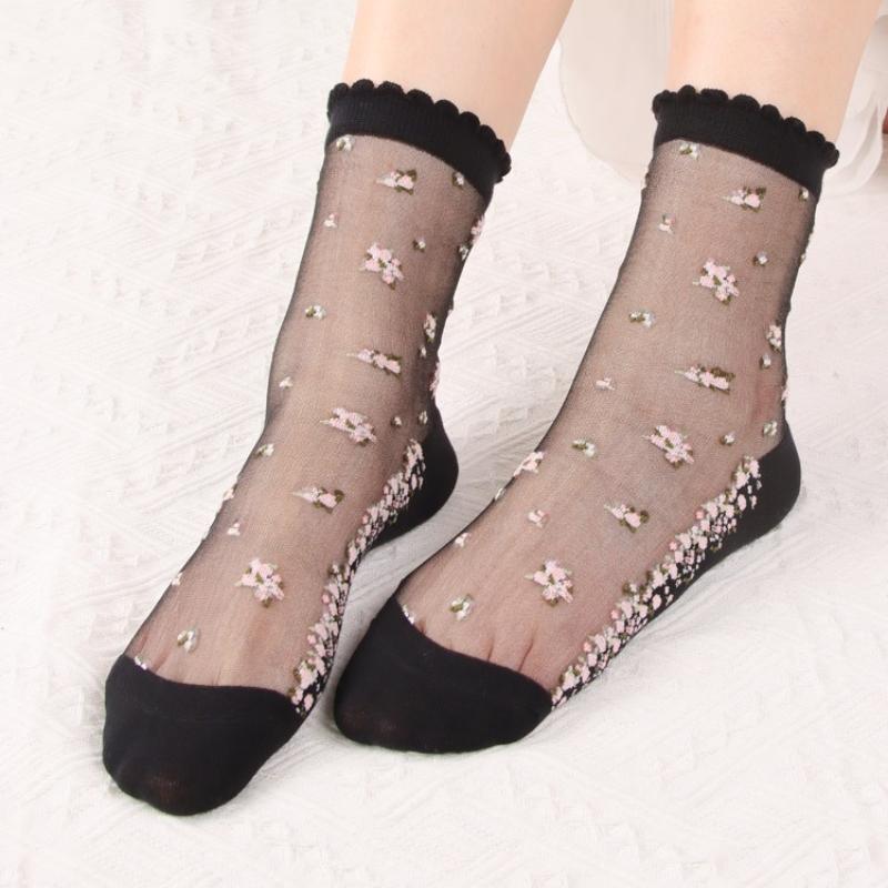 2 Paar Damen-Sommersocken mit Blumenmuster, dünn, transparent, elastisch, atmungsaktiv